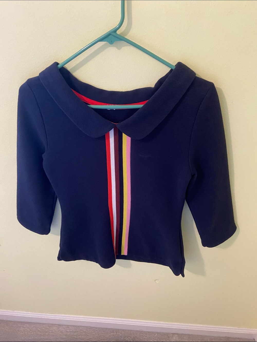Boden Navy Top with Multicolor Stripe Detail